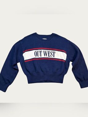 aerie Navy Crewneck Sweater with Out West Panel & Red Stripes